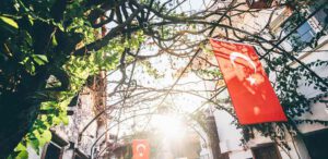 National Day in Turkey and Turkish flags on the street.